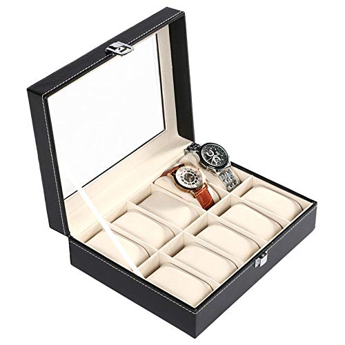 PU Leather 10-Slot Watch Display Case - Elegant Black Watch Box Organizer for Men and Women