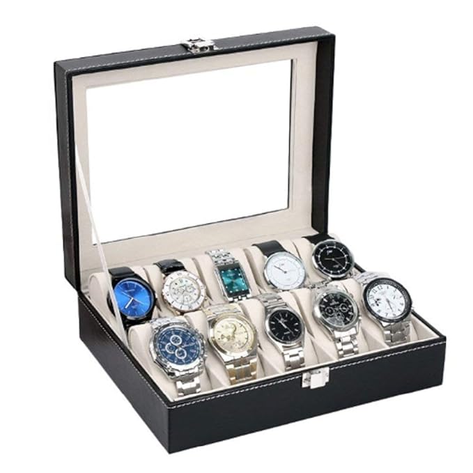 PU Leather 10-Slot Watch Display Case - Elegant Black Watch Box Organizer for Men and Women