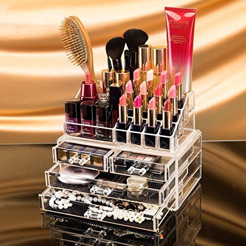 Clear Acrylic Cosmetic Storage Box with 4 Drawers & 16 Compartments | Makeup Organizer Vanity Box