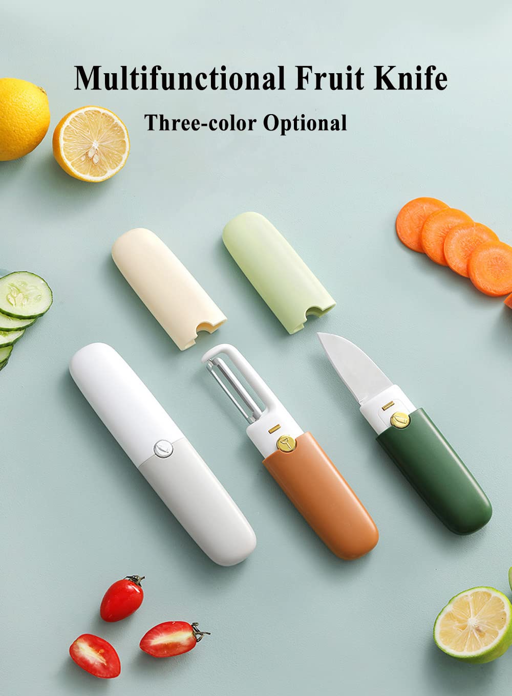 2 in 1 Stainless Steel Fruit Knife and Peeler With Multicolor Sheath