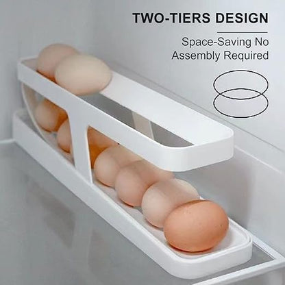 Automatic Roll-Down Double Layer Egg Dispenser | Space-Saving Plastic Egg Tray Holder for Fridge & Pantry | 2-Tier Egg Organizer for 14 Eggs