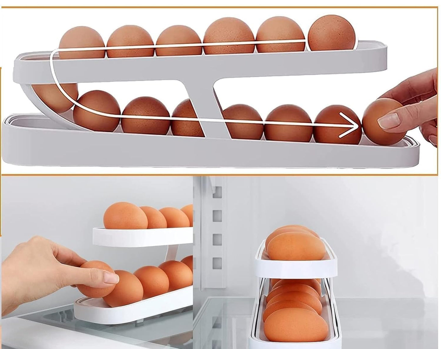 Automatic Roll-Down Double Layer Egg Dispenser | Space-Saving Plastic Egg Tray Holder for Fridge & Pantry | 2-Tier Egg Organizer for 14 Eggs