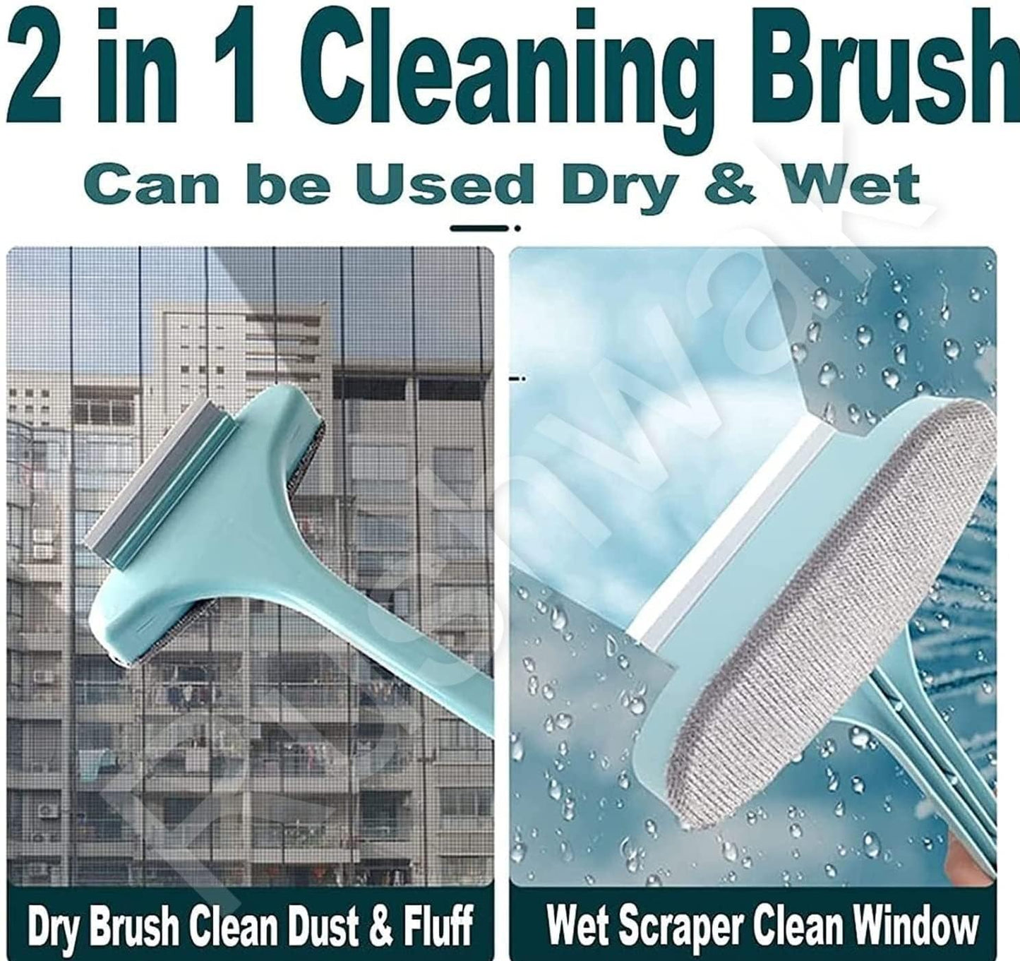 2-in-1 Window Cleaning Brush Double-Sided Net & Wiper, Extended Handle - Multi-Color