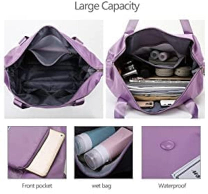 Purple Foldable Travel Duffel Bag, Shopping bag with front pocket Lightweight Waterproof Carry on Luggage Bag