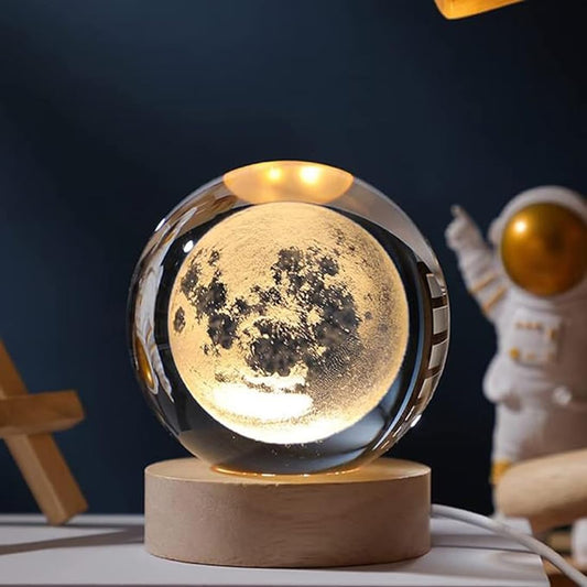 3D Galaxy Moon Crystal Ball Lamp - 60MM USB Table Lamp with Colorful LED Wooden Base, 3D Moon Crystal Ball Light for Home Decoration & Birthday Gifts