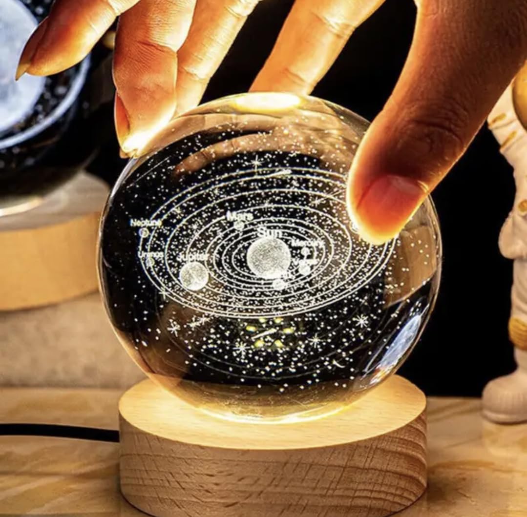 Solar System Crystal Ball Night Lamp - 2.4 Inch, 3D Galaxy Ball Lamp with USB Table LED Wooden Base, 60MM Crystal Ball for Home Decoration & Gifts