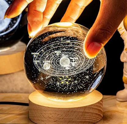 Solar System Crystal Ball Night Lamp - 2.4 Inch, 3D Galaxy Ball Lamp with USB Table LED Wooden Base, 60MM Crystal Ball for Home Decoration & Gifts