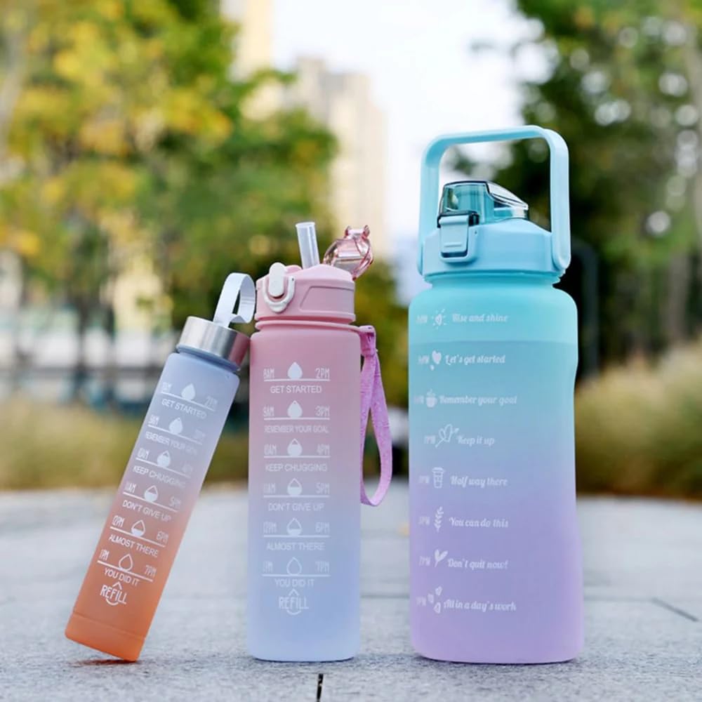 Set of 3 Water Bottles with Motivational Time Markers for Gym College 1500ML, 900ML, and 500ML