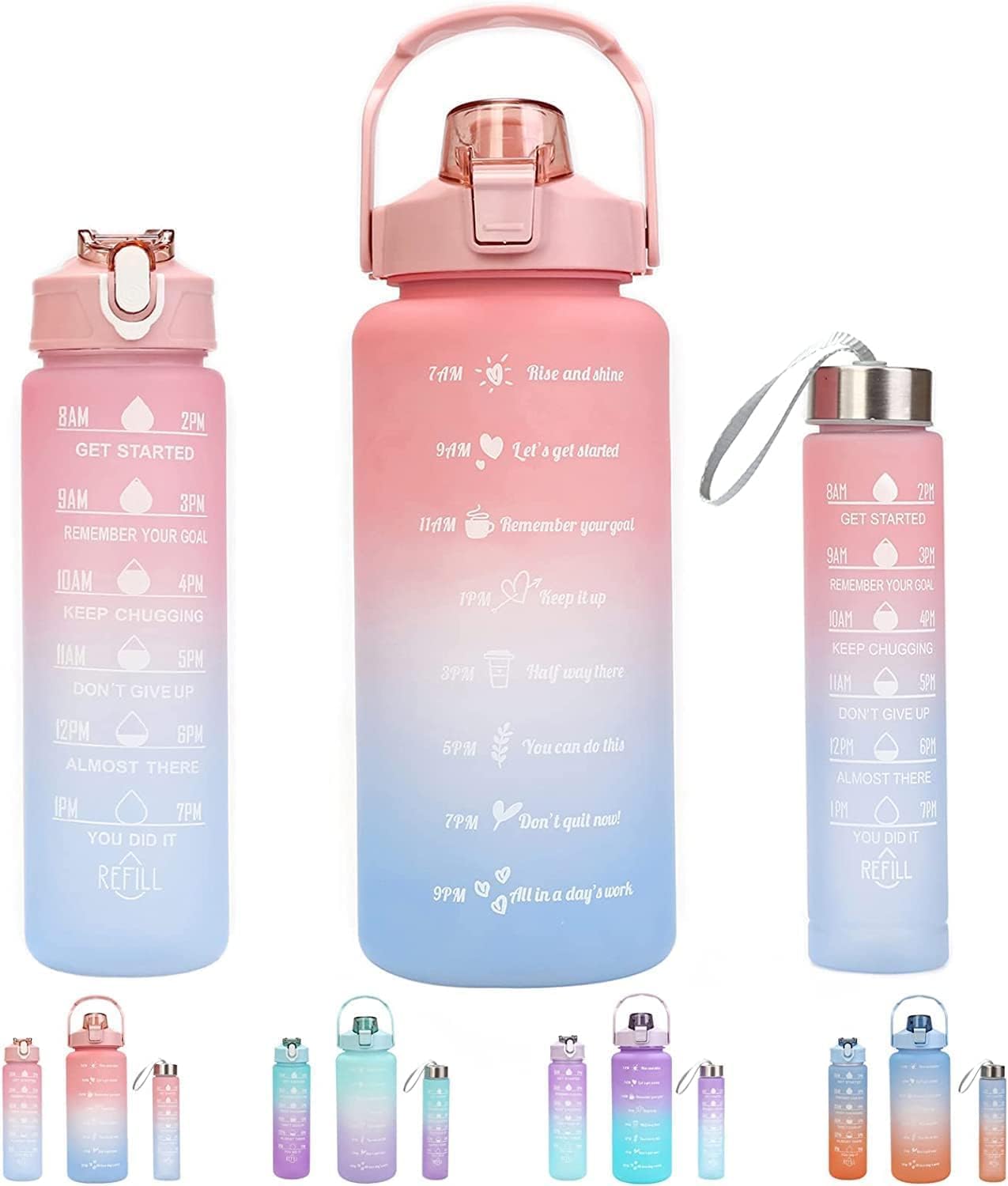 Set of 3 Water Bottles with Motivational Time Markers for Gym College 1500ML, 900ML, and 500ML