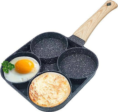 4-Hole Non-Stick Egg Frying Pan with Detachable Wooden Handle | Multi-Purpose Omelet, Burger, Poached Egg, and Breakfast Pan