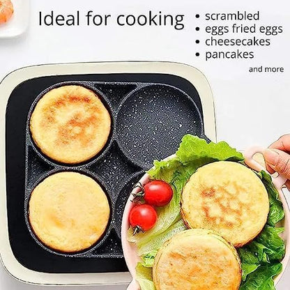 4-Hole Non-Stick Egg Frying Pan with Detachable Wooden Handle | Multi-Purpose Omelet, Burger, Poached Egg, and Breakfast Pan