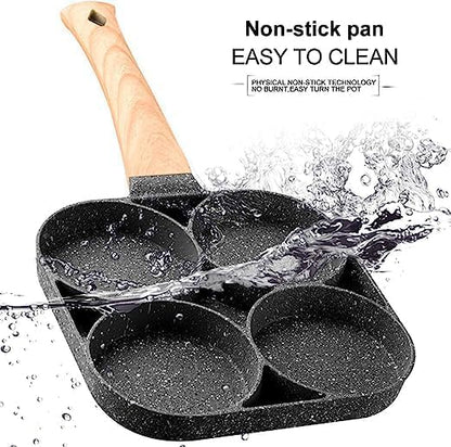 4-Hole Non-Stick Egg Frying Pan with Detachable Wooden Handle | Multi-Purpose Omelet, Burger, Poached Egg, and Breakfast Pan