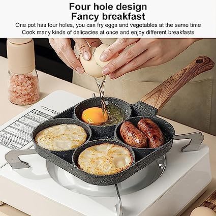 4-Hole Non-Stick Egg Frying Pan with Detachable Wooden Handle | Multi-Purpose Omelet, Burger, Poached Egg, and Breakfast Pan