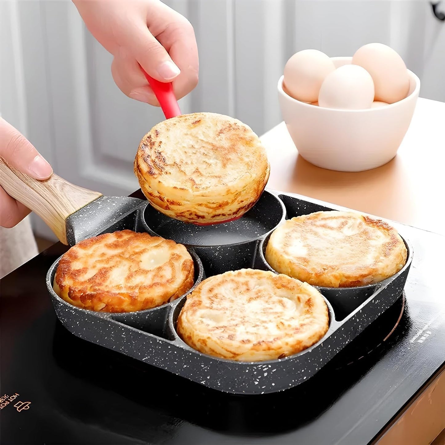 4-Hole Non-Stick Egg Frying Pan with Detachable Wooden Handle | Multi-Purpose Omelet, Burger, Poached Egg, and Breakfast Pan