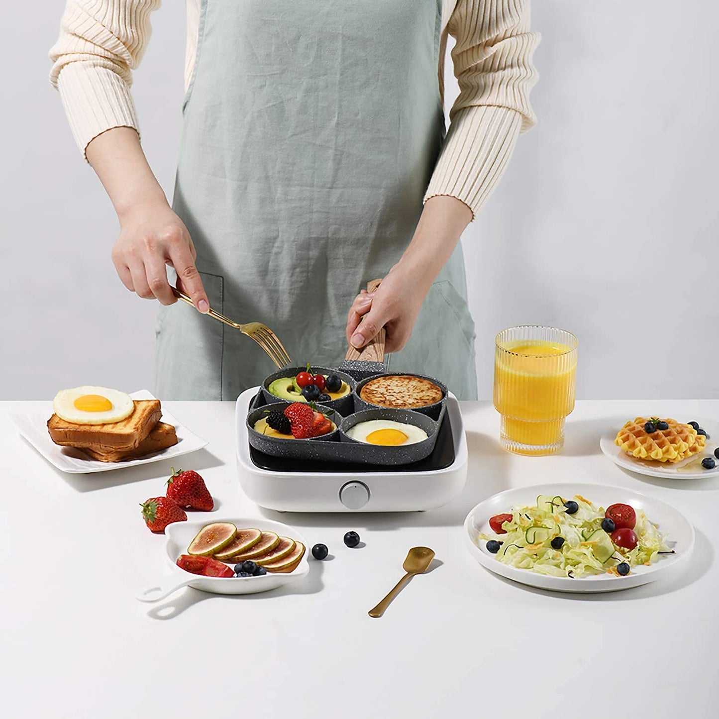 4-Hole Non-Stick Egg Frying Pan with Detachable Wooden Handle | Multi-Purpose Omelet, Burger, Poached Egg, and Breakfast Pan