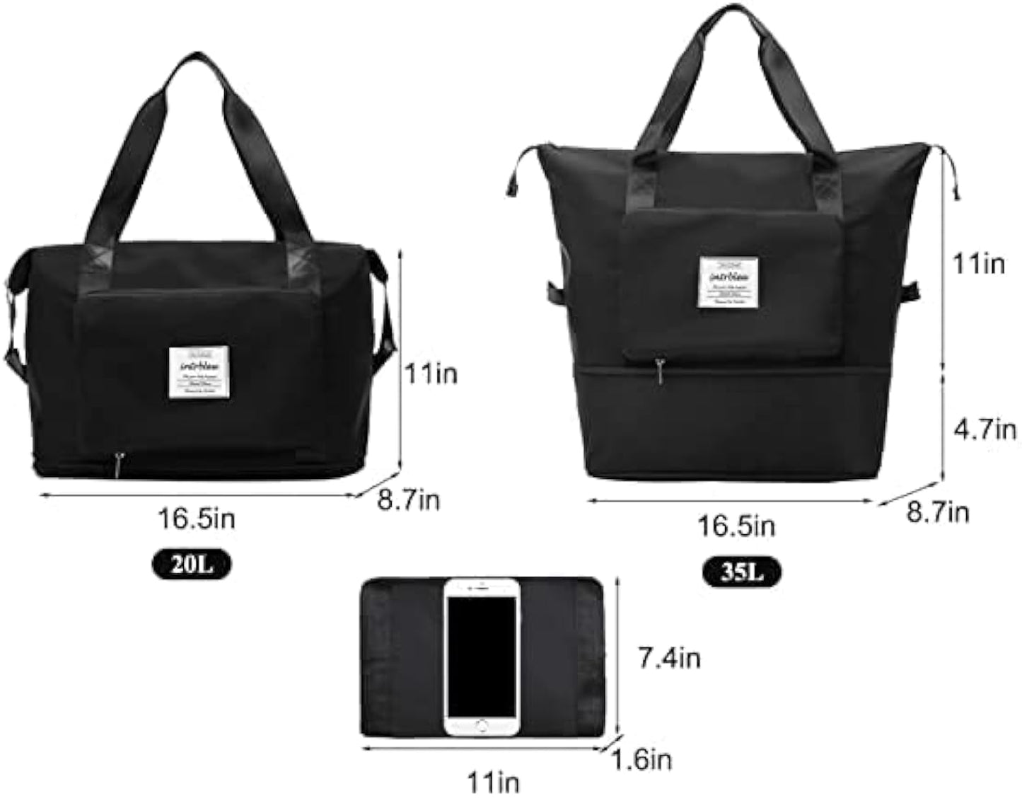 Black Foldable Travel Duffel Bag, Shopping bag with front pocket Lightweight Waterproof Carry on Luggage Bag