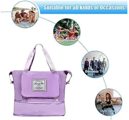 Purple Foldable Travel Duffel Bag, Shopping bag with front pocket Lightweight Waterproof Carry on Luggage Bag