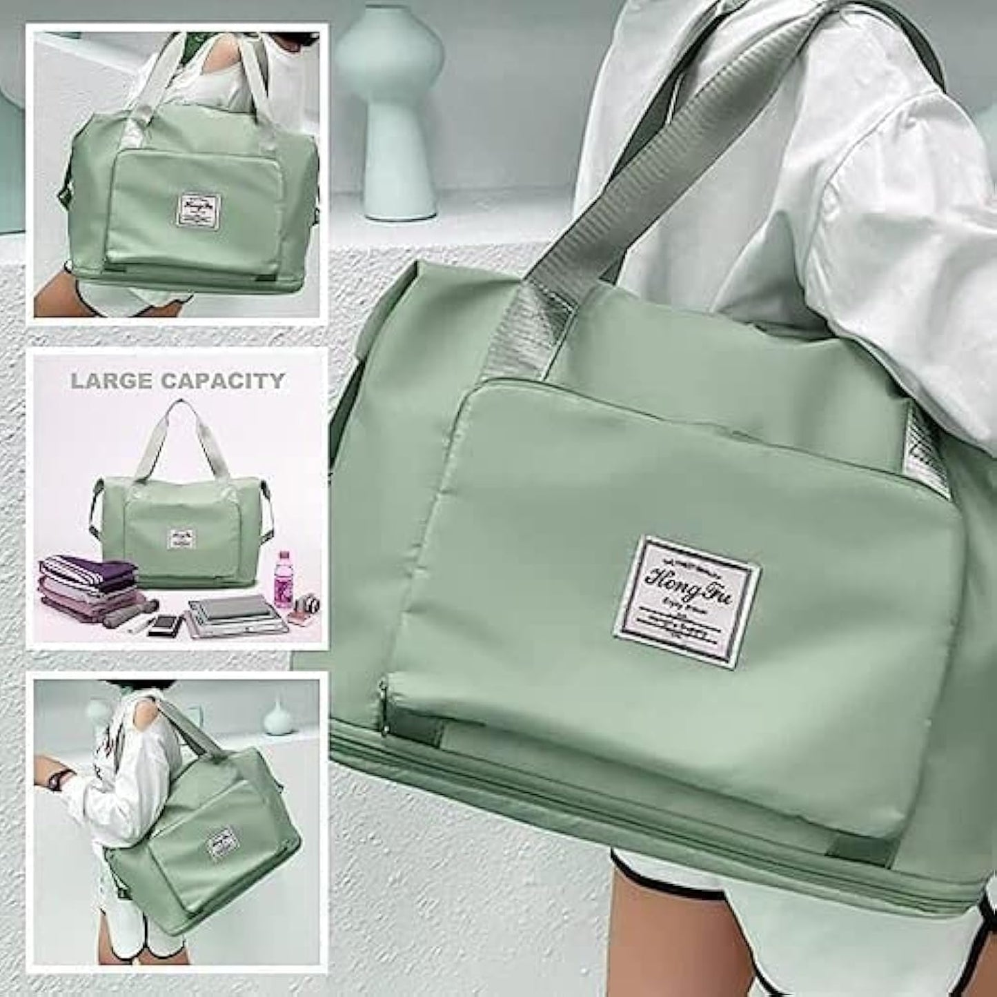 Green Foldable Travel Duffel Bag, Shopping bag with front pocket Lightweight Waterproof Carry on Luggage Bag