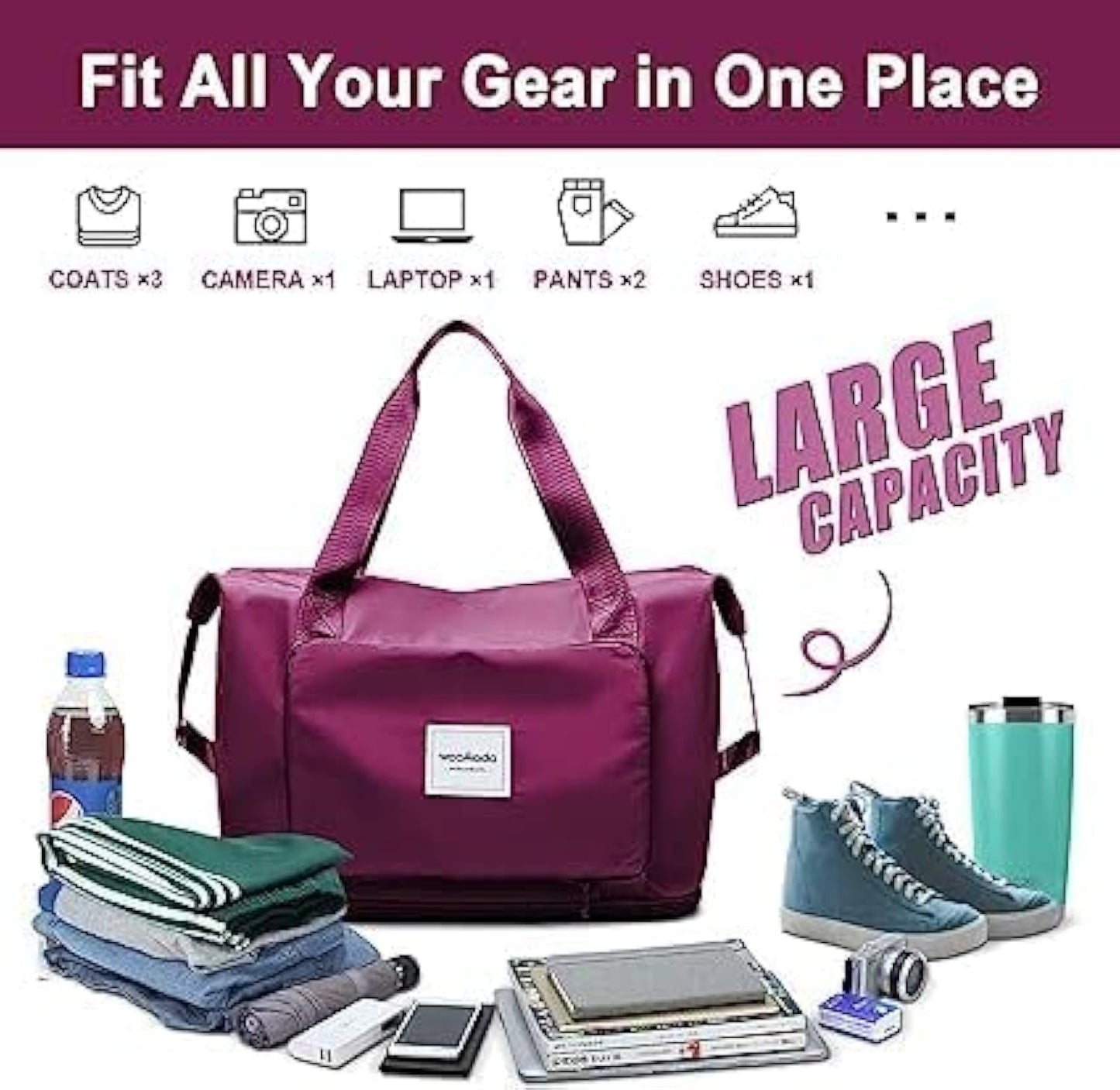 Wine Foldable Travel Duffel Bag, Shopping bag with front pocket Lightweight Waterproof Carry on Luggage Bag