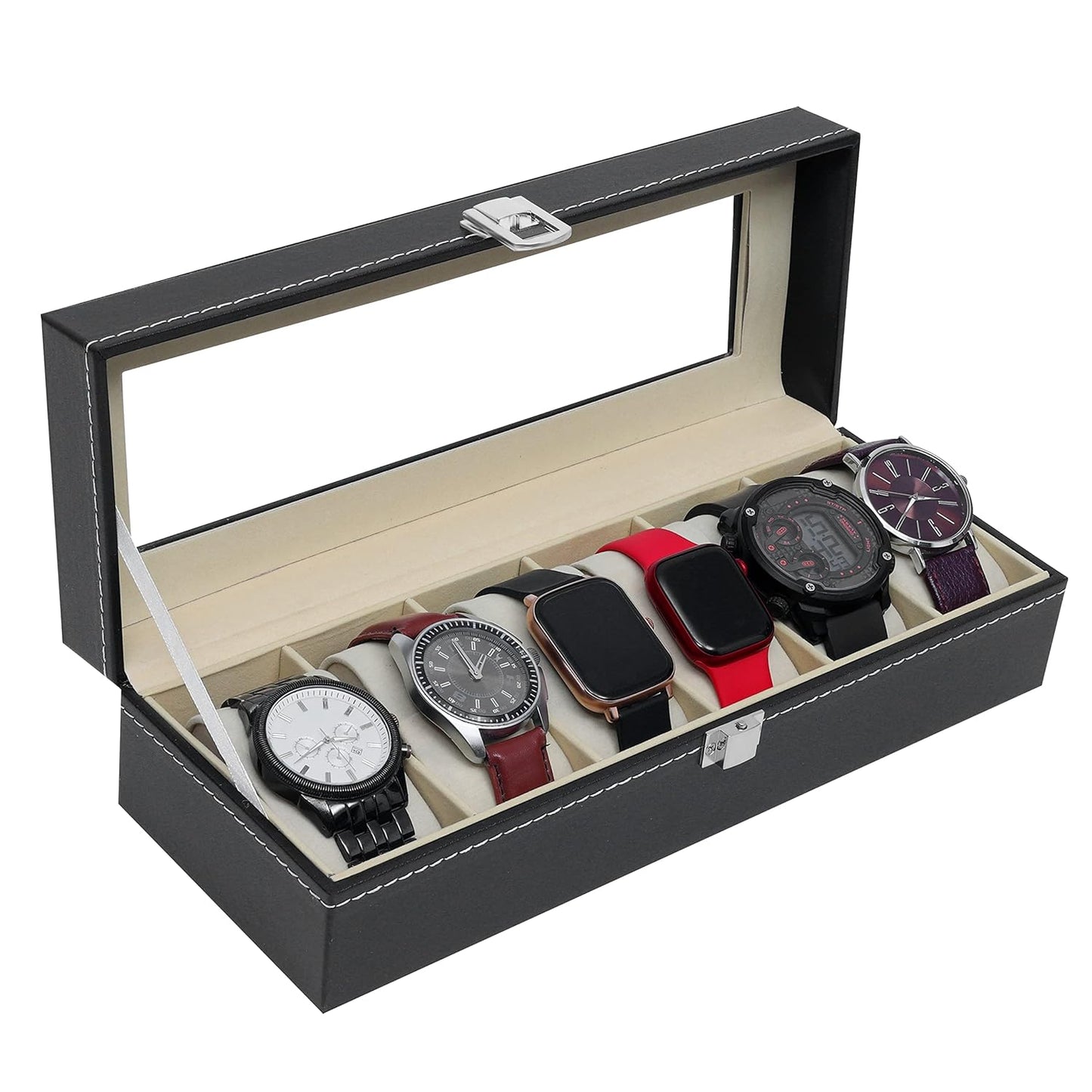 6 Slot Watch Storage Holder and Display Collection Box with Transparent Glass - Watch Case Organizer for Men and Women - Travel Friendly Box for Gifts