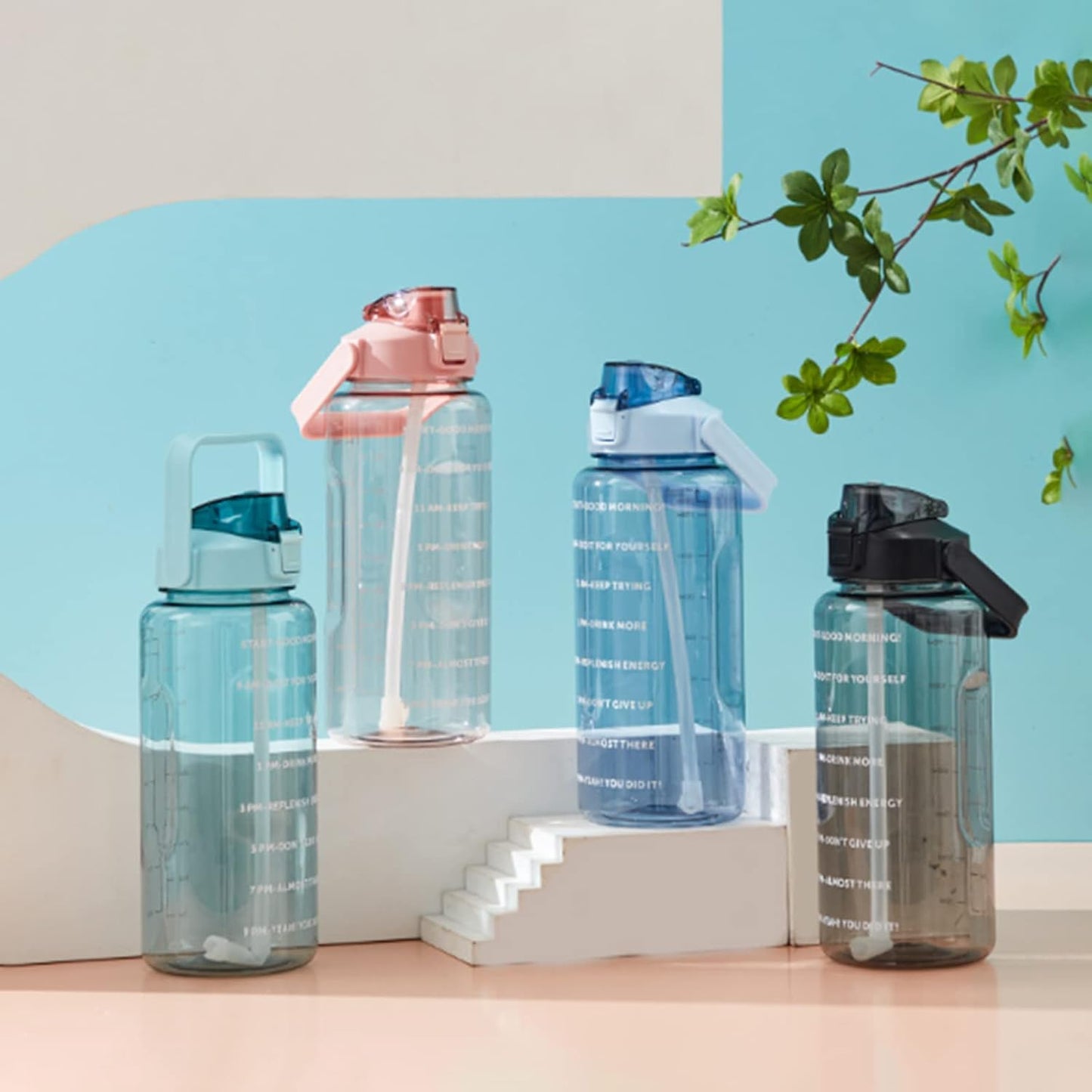 2L Transparent Water Bottle with Marker Straw and Handle Reusable Leakproof Water Jug