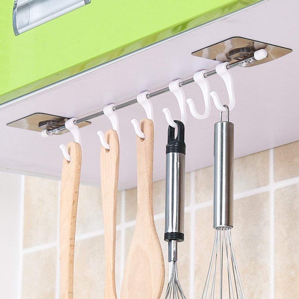 Multi-Purpose Stainless Steel Hanger 6 Hooks with Easy Magic Sticker