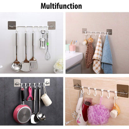 Multi-Purpose Stainless Steel Hanger 6 Hooks with Easy Magic Sticker