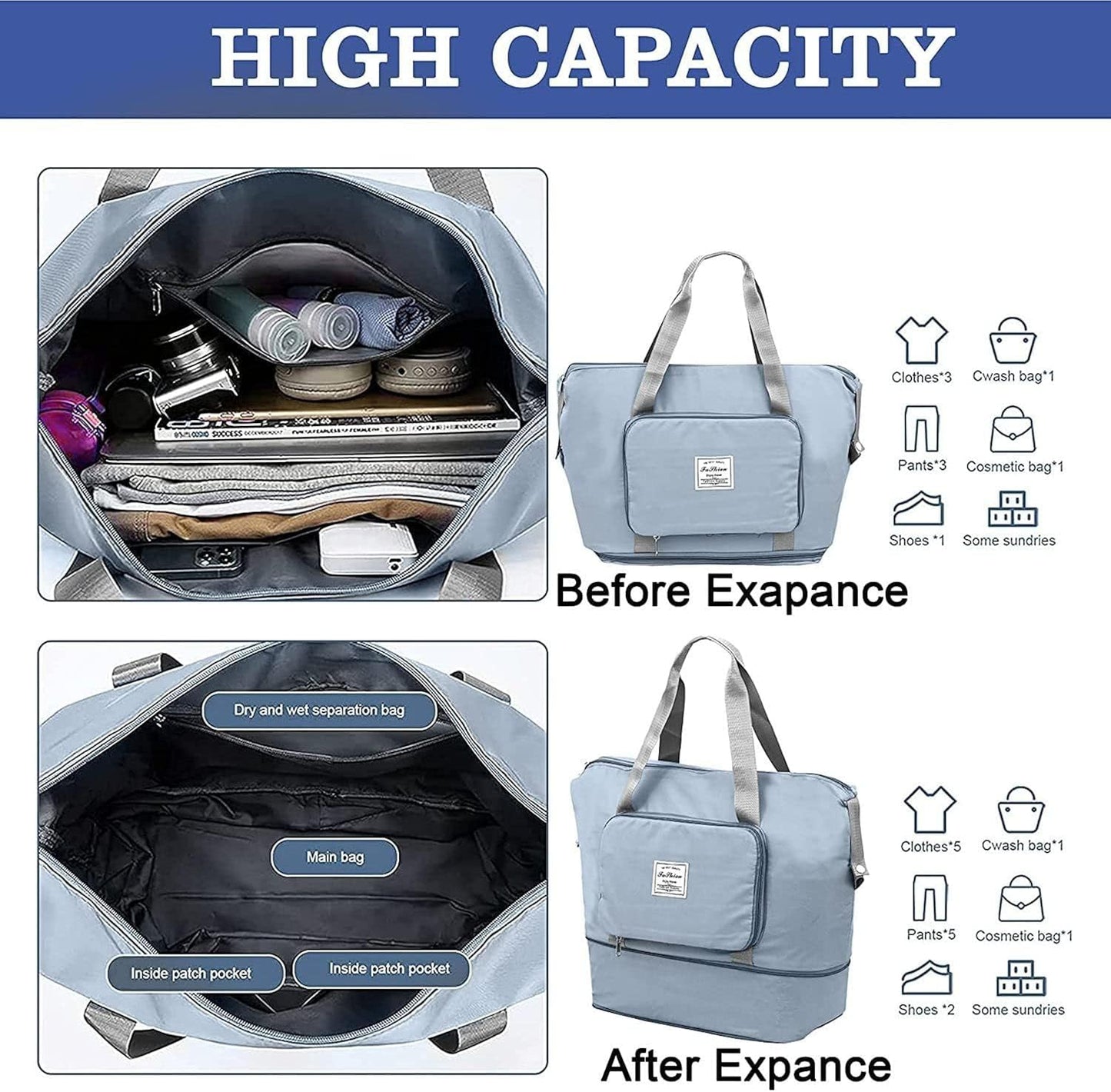 Blue Foldable Travel Duffel Bag, Shopping bag with front pocket Lightweight Waterproof Carry on Luggage Bag