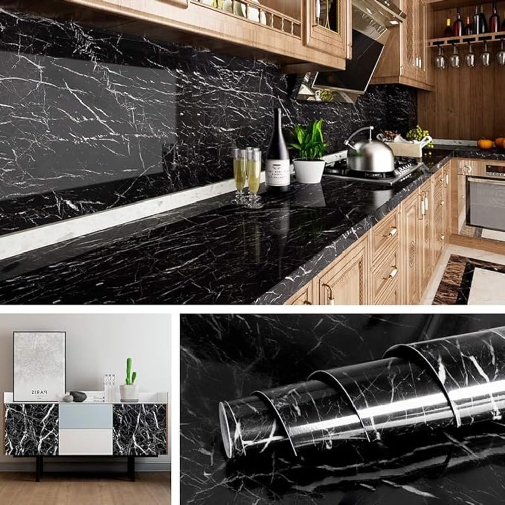 Vinyl Marble Wallpaper Peel and Stick Waterproof Wallpaper -  Marble Black