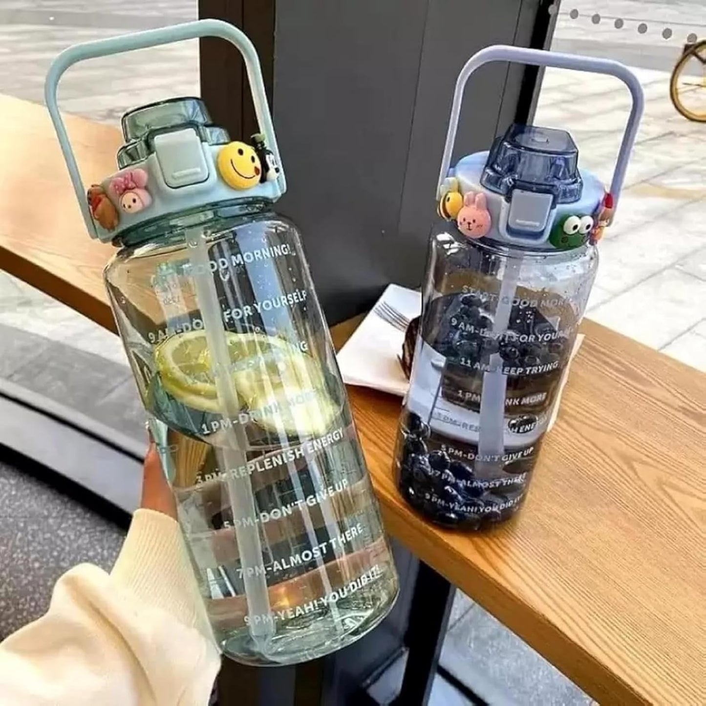 2L Transparent Water Bottle with Marker Straw and Handle Reusable Leakproof Water Jug