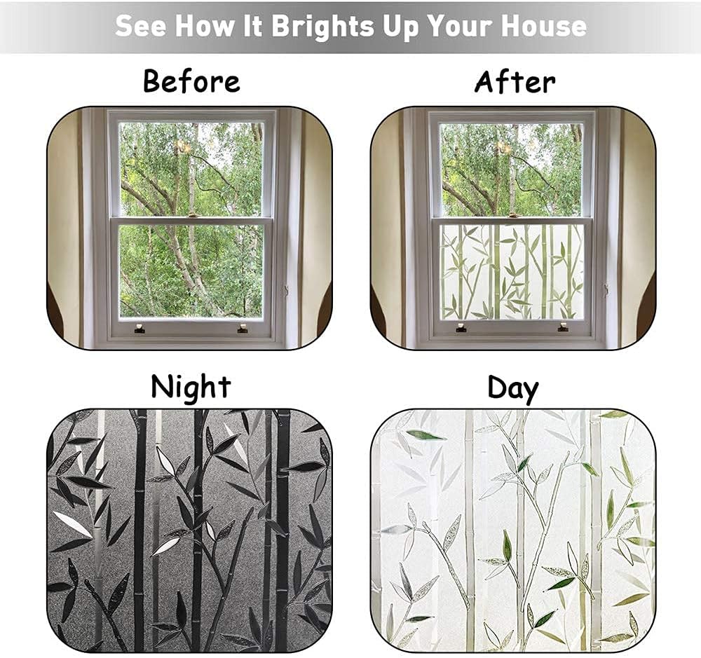 Window Privacy Film Self Adhesive Decorative Film for Bathroom Door Window Heat Control Anti UV(White Bamboo)