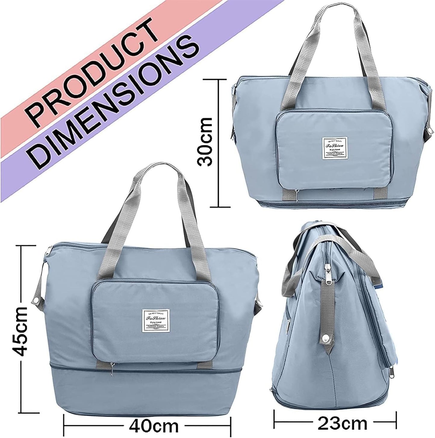 Blue Foldable Travel Duffel Bag, Shopping bag with front pocket Lightweight Waterproof Carry on Luggage Bag