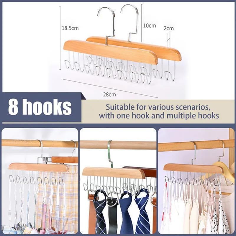 Tie Hanger with 8 Hooks – Multipurpose Wooden Hanger for Wardrobe – Belt, Scarf, Bra & Accessory Organizer 1 Piece