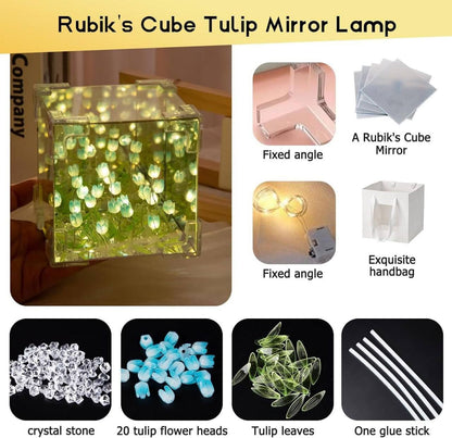 Tulip Cube Mirror Lamp - 21 LED Flowers, 2-in-1 Decorative Lamp & Mirror, DIY Infinity Light for Bedroom & Living Room Decor, Romantic Table Ornament Gift