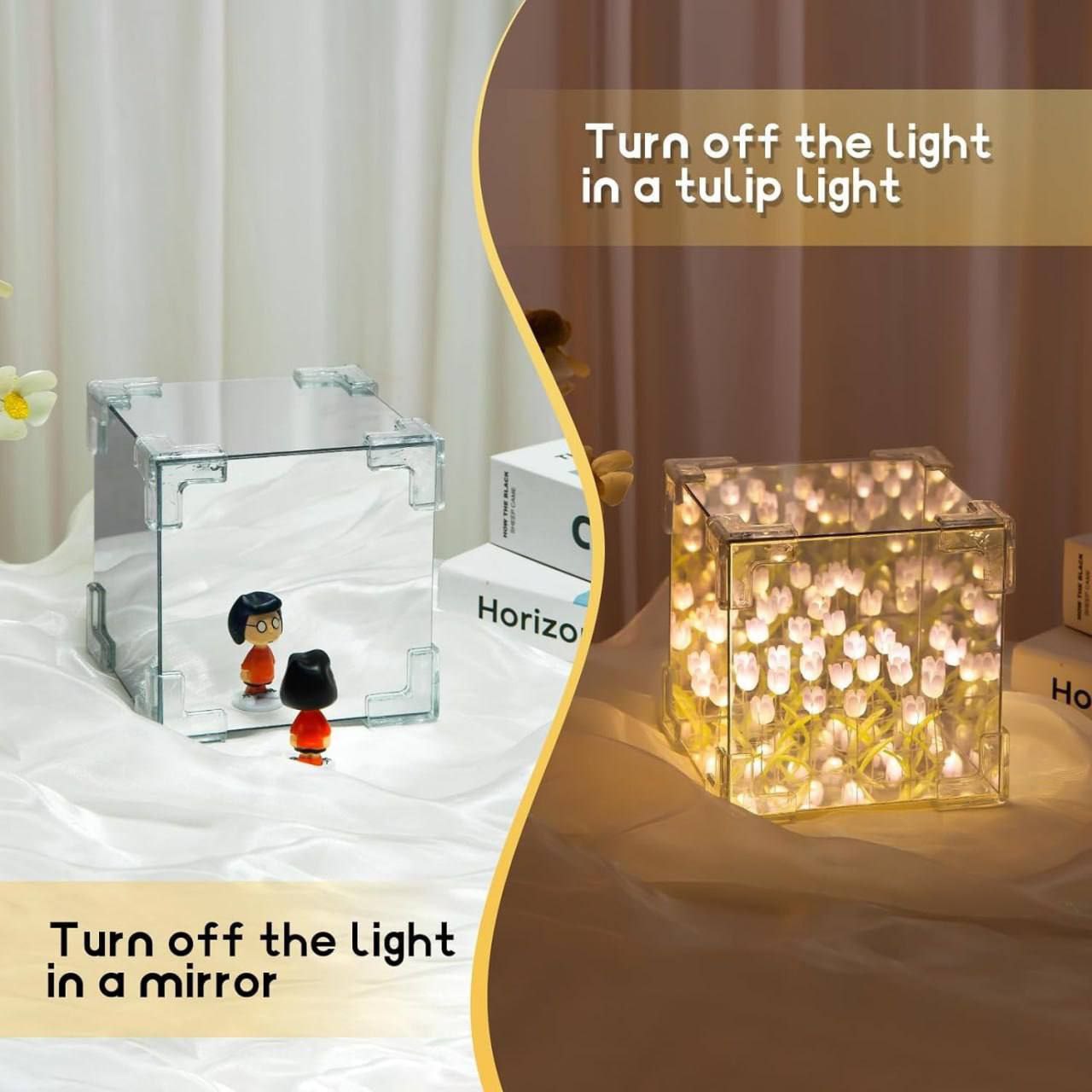 Tulip Cube Mirror Lamp - 21 LED Flowers, 2-in-1 Decorative Lamp & Mirror, DIY Infinity Light for Bedroom & Living Room Decor, Romantic Table Ornament Gift