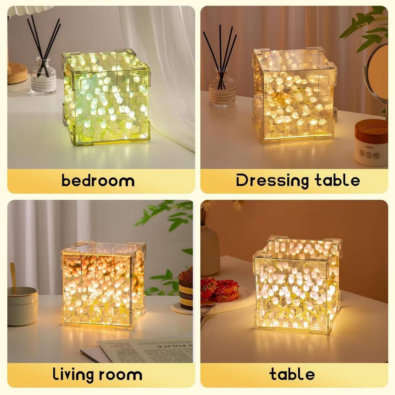 Tulip Cube Mirror Lamp - 21 LED Flowers, 2-in-1 Decorative Lamp & Mirror, DIY Infinity Light for Bedroom & Living Room Decor, Romantic Table Ornament Gift