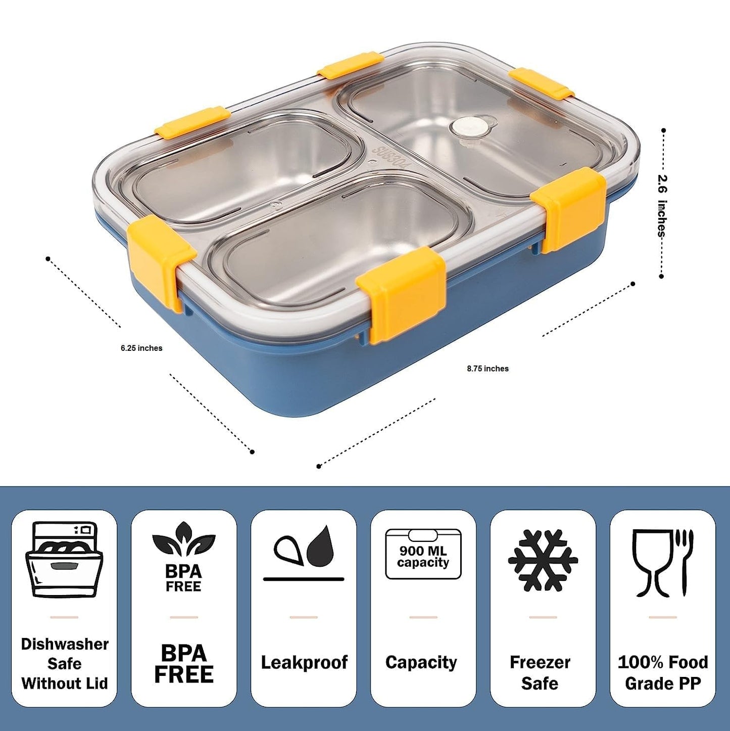 3 COMPARTMENT TRANSPARENT STAINLESS STEEL LUNCH BOX