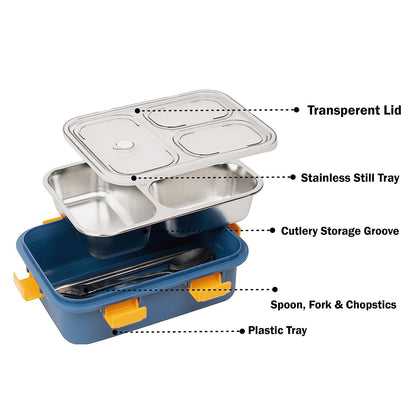 3 COMPARTMENT TRANSPARENT STAINLESS STEEL LUNCH BOX