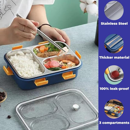 3 COMPARTMENT TRANSPARENT STAINLESS STEEL LUNCH BOX