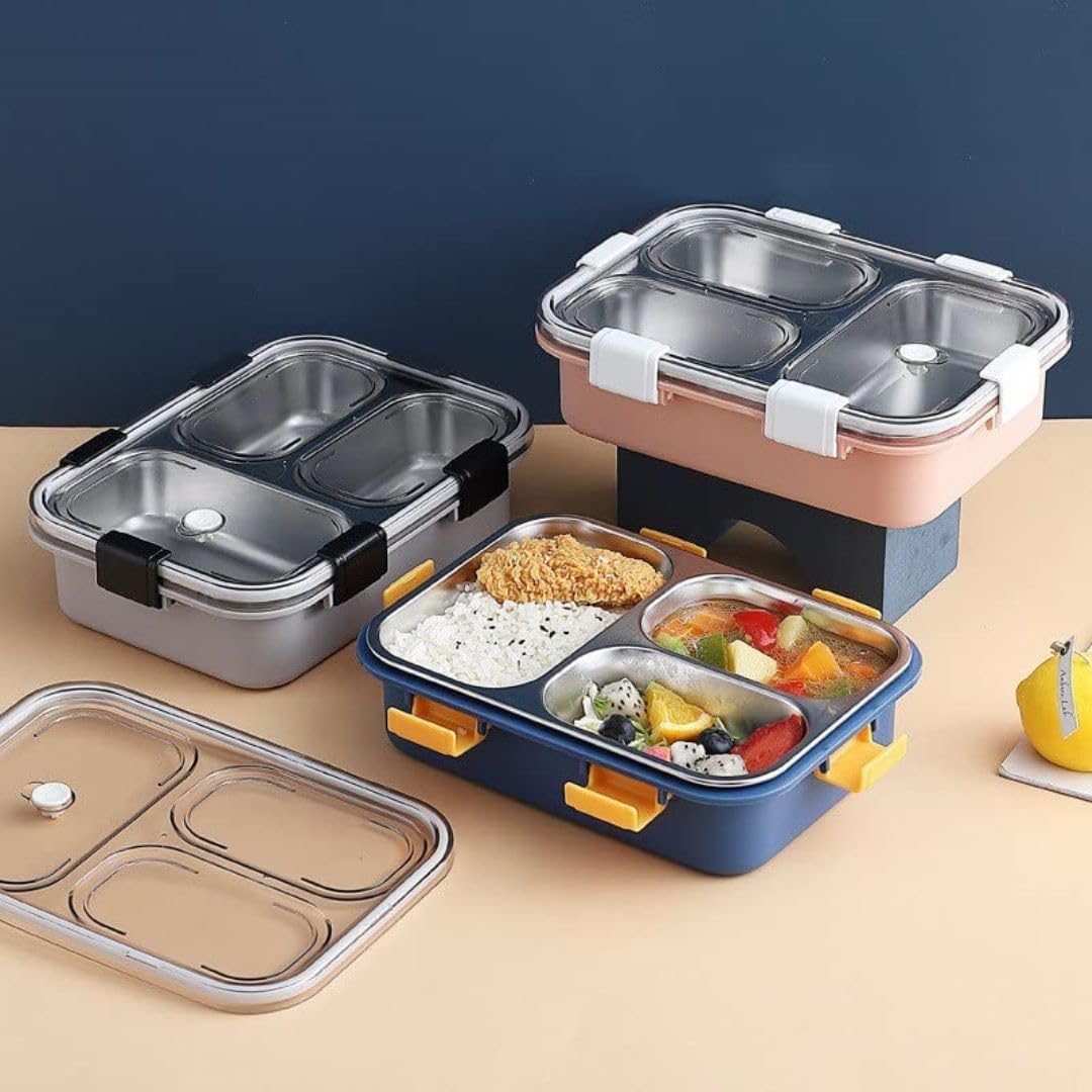 3 COMPARTMENT TRANSPARENT STAINLESS STEEL LUNCH BOX