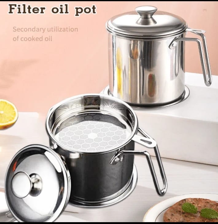 Stainless Steel Oil Strainer Pot 1300ML with Dust-Proof Lid Fine Mesh Strainer Cooking Oil Fat Residue Separator