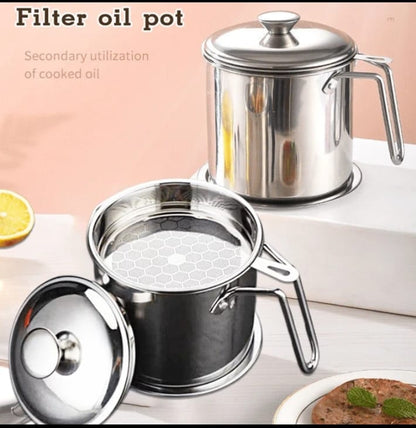 Stainless Steel Oil Strainer Pot 1300ML with Dust-Proof Lid Fine Mesh Strainer Cooking Oil Fat Residue Separator