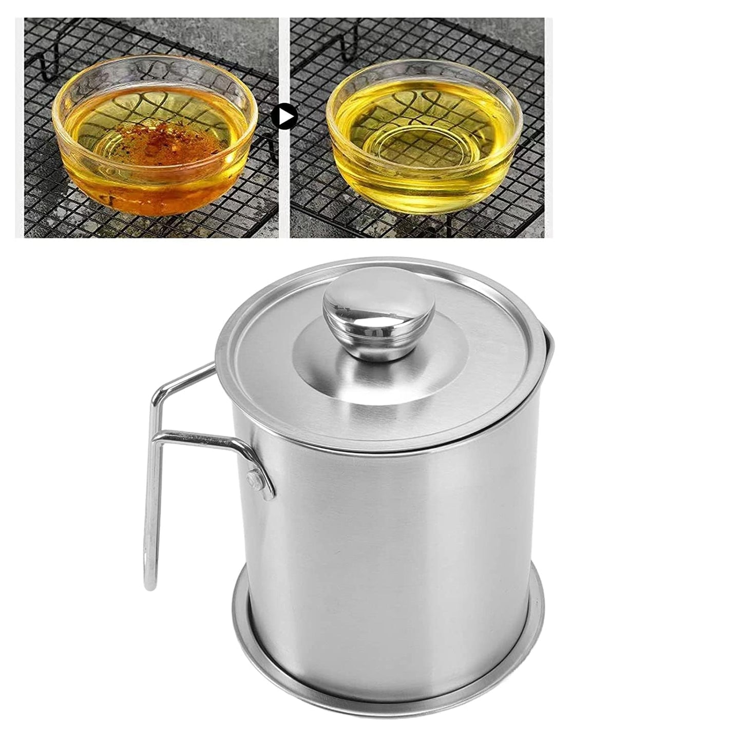 Stainless Steel Oil Strainer Pot 1300ML with Dust-Proof Lid Fine Mesh Strainer Cooking Oil Fat Residue Separator