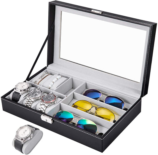 Luxury Watch and Sunglasses Jewelry Box - 6 Watch Slots and 3 Sunglasses Compartments Organizer