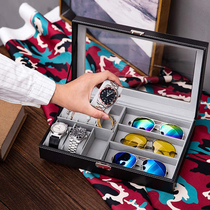 Luxury Watch and Sunglasses Jewelry Box - 6 Watch Slots and 3 Sunglasses Compartments Organizer