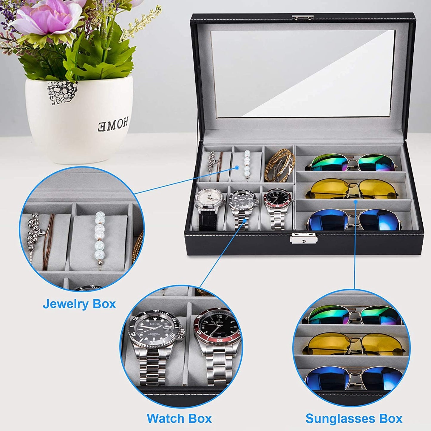 Luxury Watch and Sunglasses Jewelry Box - 6 Watch Slots and 3 Sunglasses Compartments Organizer