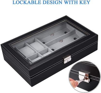 Luxury Watch and Sunglasses Jewelry Box - 6 Watch Slots and 3 Sunglasses Compartments Organizer