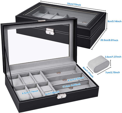 Luxury Watch and Sunglasses Jewelry Box - 6 Watch Slots and 3 Sunglasses Compartments Organizer