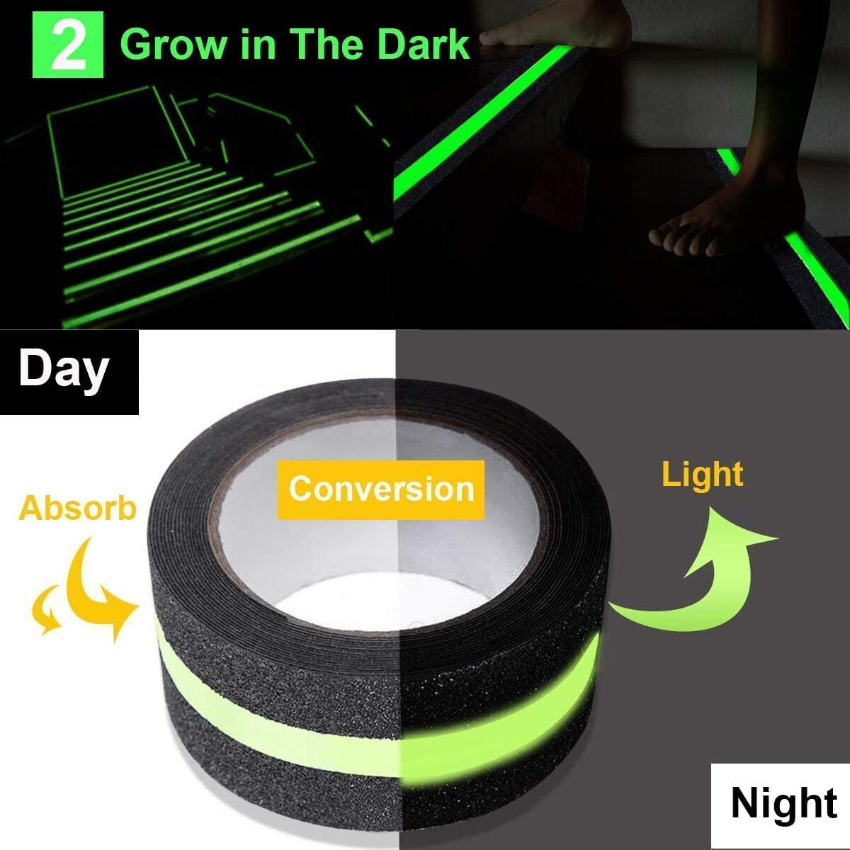 Anti Slip Tape with Glow in Dark Stripe for Stairs, 2 InchX16.4 Foot, Grip Tape for Stairs, Waterproof Non Slip Strips for Stair Treads, High Traction