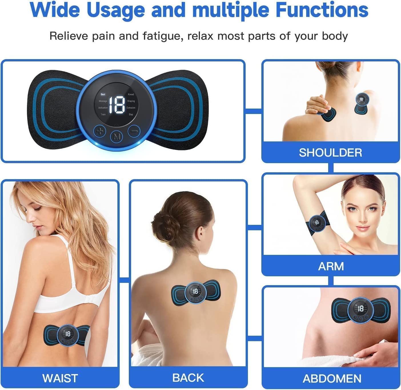 Full Body Mini Butterfly Massager with 8 Modes & 19 Levels - Electric Rechargeable EMS Patch for Pain Relief in Neck, Shoulders, Arms & Legs